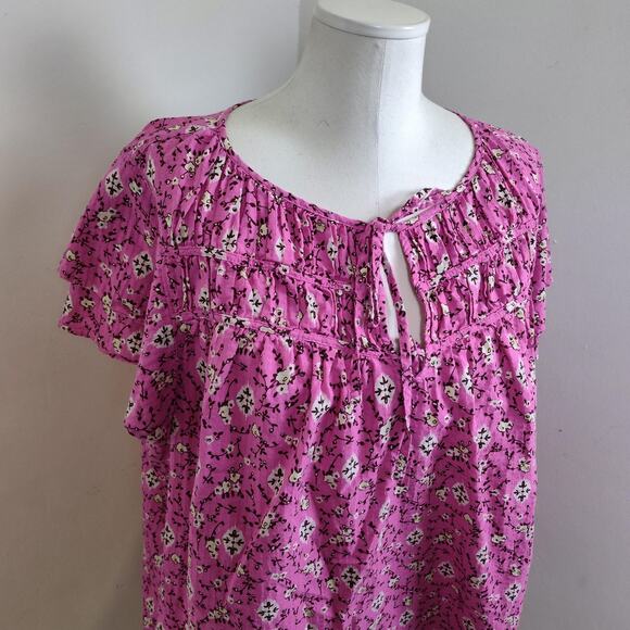 Lane Bryant Shirt Womens Plus Size 24 Pink Floral Flutter Sleeve Tie Neck Boho - Picture 5 of 15